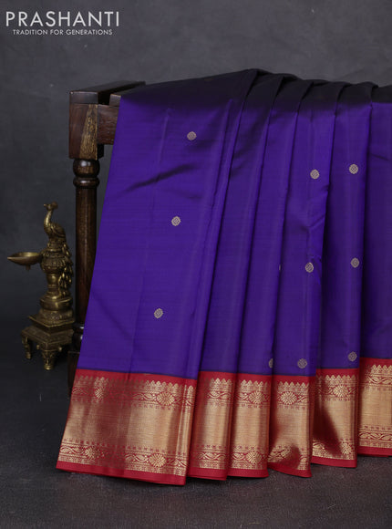 Pure kanchipuram silk saree blue and red with zari woven buttas and zari woven korvai border