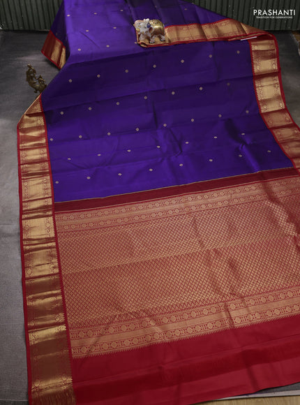 Pure kanchipuram silk saree blue and red with zari woven buttas and zari woven korvai border