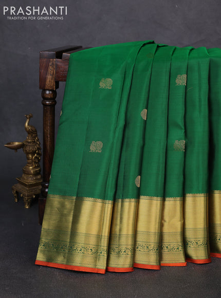 Pure kanchipuram silk saree green and rustic orange with zari woven buttas and rich zari woven border
