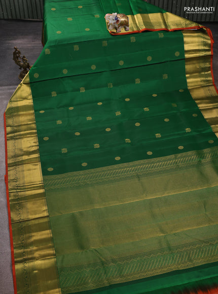 Pure kanchipuram silk saree green and rustic orange with zari woven buttas and rich zari woven border