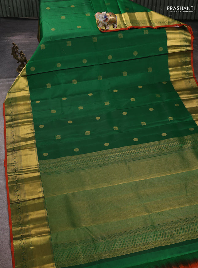 Pure kanchipuram silk saree green and rustic orange with zari woven buttas and rich zari woven border