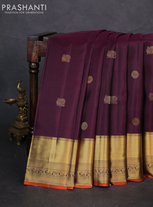 Pure kanchipuram silk saree deep purple and rustic orange with zari woven buttas and rich zari woven border