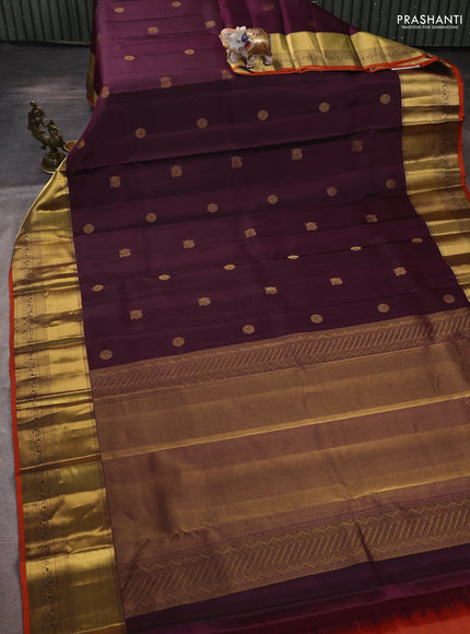 Pure kanchipuram silk saree deep purple and rustic orange with zari woven buttas and rich zari woven border