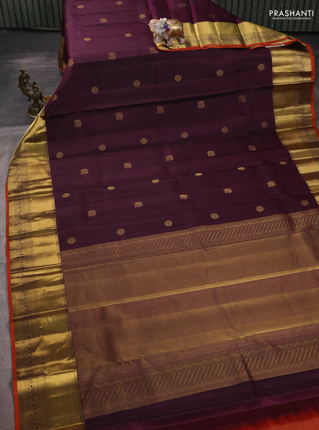 Pure kanchipuram silk saree deep purple and rustic orange with zari woven buttas and rich zari woven border