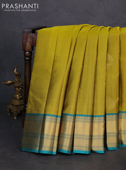 Pure kanchipuram silk saree mehendi green and teal green with zari woven buttas and rich zari woven border