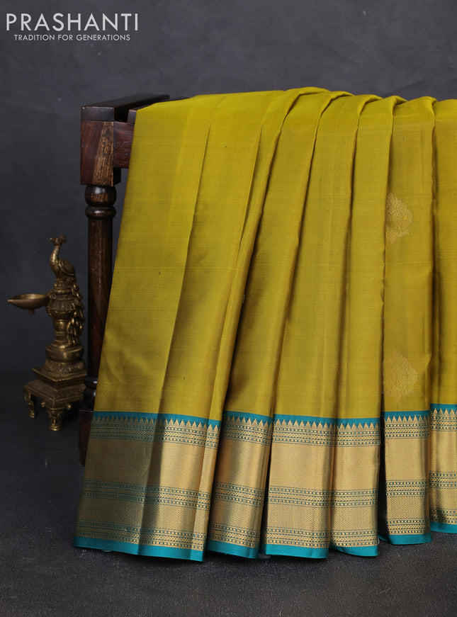 Pure kanchipuram silk saree mehendi green and teal green with zari woven buttas and rich zari woven border