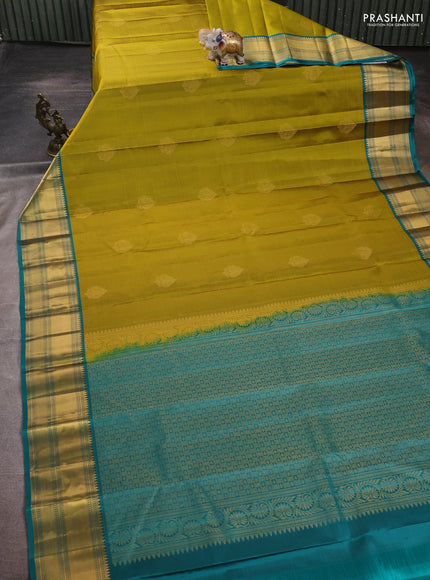 Pure kanchipuram silk saree mehendi green and teal green with zari woven buttas and rich zari woven border