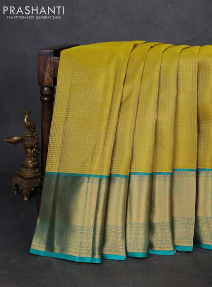 Pure kanchipuram silk saree lime green and teal green with allover zari woven small checked pattern and long zari woven border