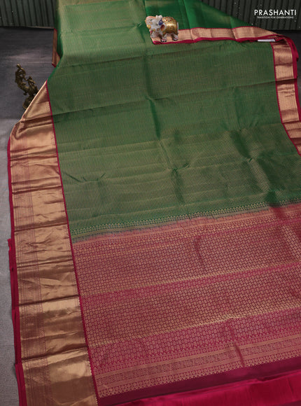 Pure kanchipuram silk saree green and wine shade with allover zari woven small checked pattern and long zari woven border