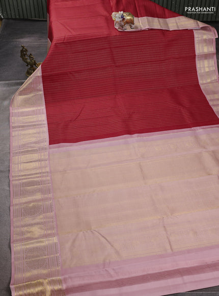 Pure kanchipuram silk saree red and pastel pink with allover zari checks & buttas and long zari woven korvai border