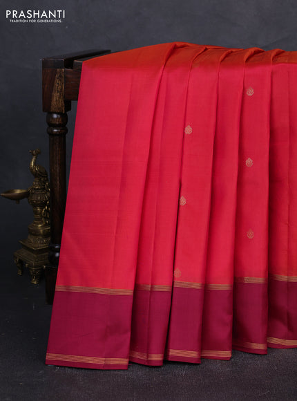 Pure kanchipuram silk saree pinkish orange and dark pink with zari woven buttas and rettapet zari woven border