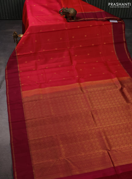 Pure kanchipuram silk saree pinkish orange and dark pink with zari woven buttas and rettapet zari woven border