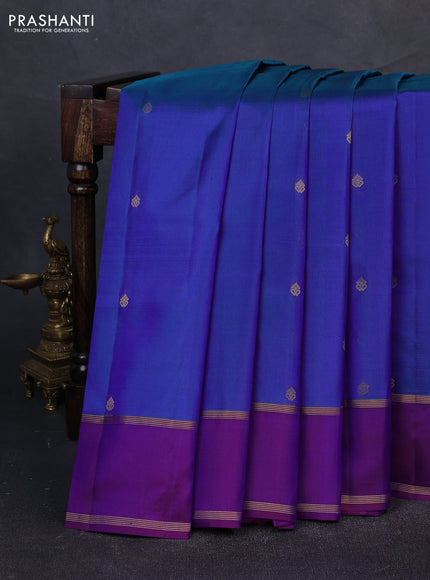 Pure kanchipuram silk saree blue and purple with zari woven buttas and rettapet zari woven border
