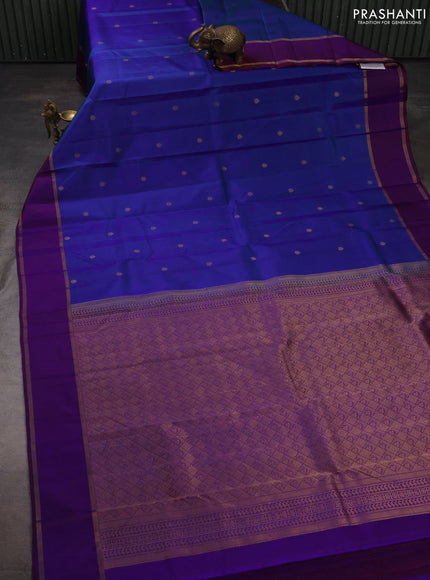Pure kanchipuram silk saree blue and purple with zari woven buttas and rettapet zari woven border