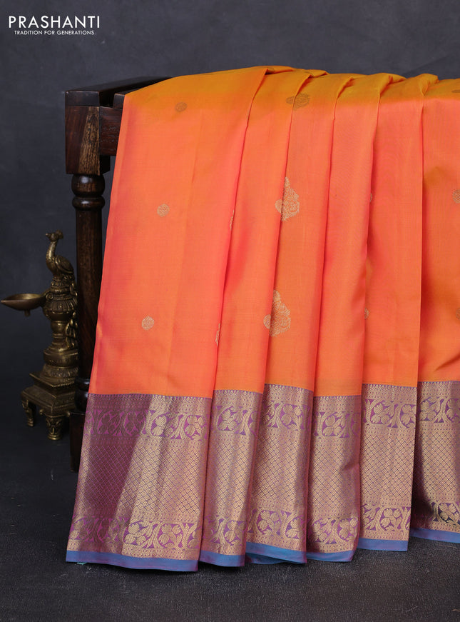 Pure kanchipuram silk saree orange and dual shade of blue with zari woven buttas and long zari woven border