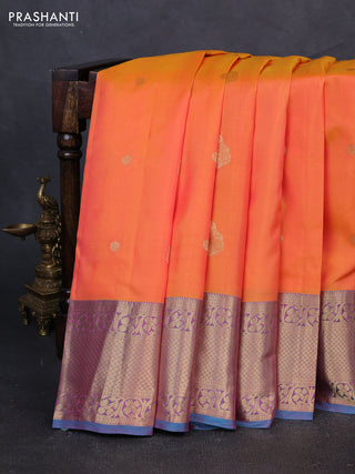 Pure kanchipuram silk saree orange and dual shade of blue with zari woven buttas and long zari woven border