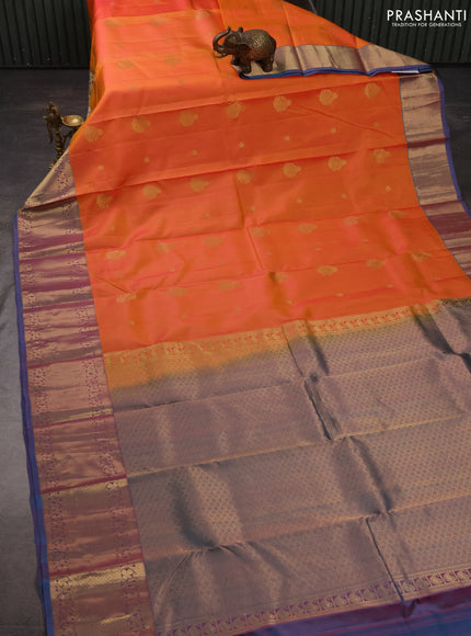 Pure kanchipuram silk saree orange and dual shade of blue with zari woven buttas and long zari woven border