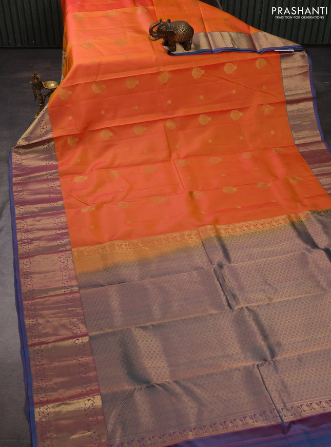 Pure kanchipuram silk saree orange and dual shade of blue with zari woven buttas and long zari woven border