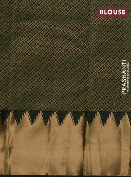 Pure kanchipuram silk saree dark green with plain body and temple design zari woven border
