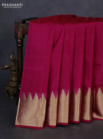 Pure kanchipuram silk saree pink with plain body and temple design zari woven border