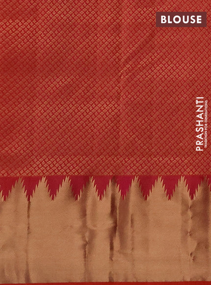 Pure kanchipuram silk saree pinkish orange with plain body and temple design zari woven border