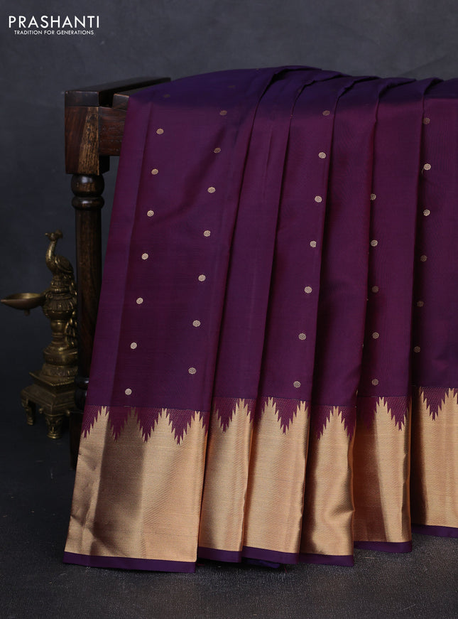 Pure kanchipuram silk saree deep violet with zari woven buttas and temple design zari woven border