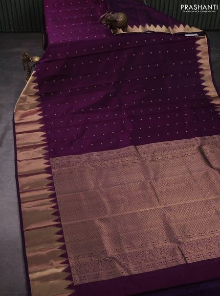 Pure kanchipuram silk saree deep violet with zari woven buttas and temple design zari woven border