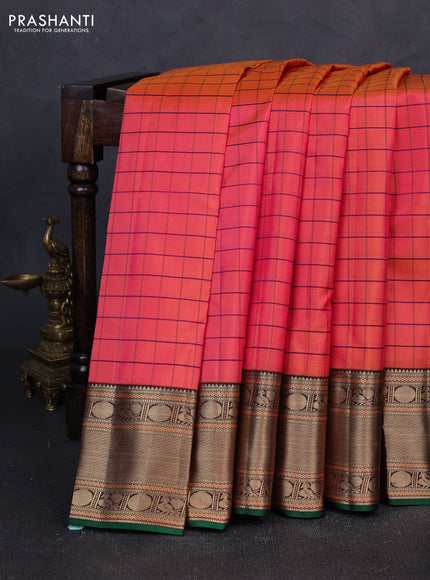 Pure kanchipuram silk saree dual shade of pinkish orange and coffee brown with allover zari checked pattern and zari woven korvai border