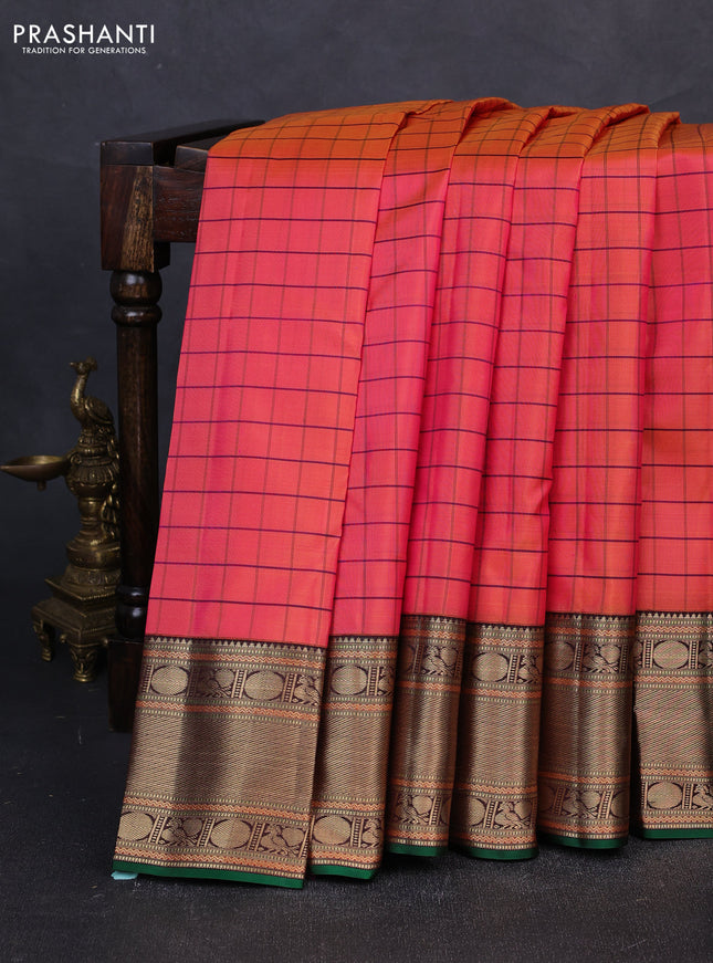 Pure kanchipuram silk saree dual shade of pinkish orange and coffee brown with allover zari checked pattern and zari woven korvai border