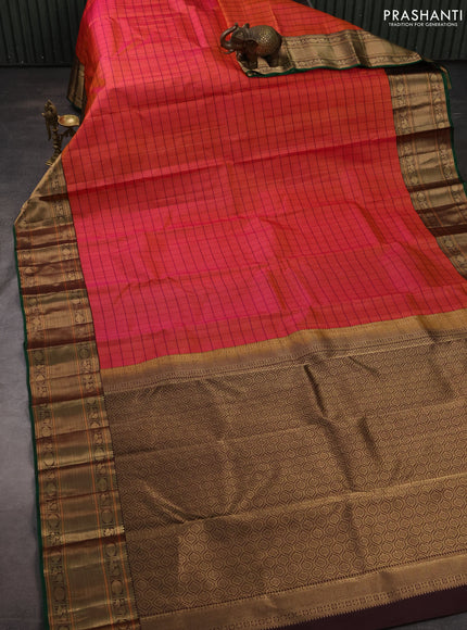 Pure kanchipuram silk saree dual shade of pinkish orange and coffee brown with allover zari checked pattern and zari woven korvai border