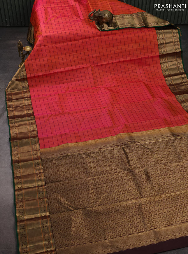 Pure kanchipuram silk saree dual shade of pinkish orange and coffee brown with allover zari checked pattern and zari woven korvai border