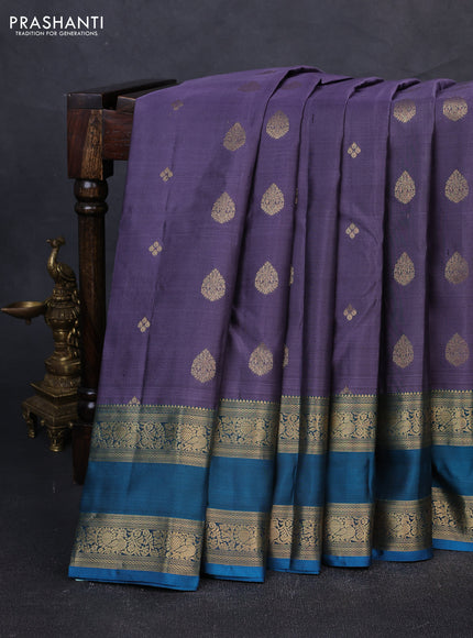 Pure kanchipuram silk saree greyish blue and cs blue with zari woven buttas and rettapet zari woven border