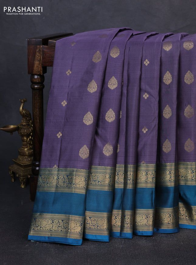 Pure kanchipuram silk saree greyish blue and cs blue with zari woven buttas and rettapet zari woven border