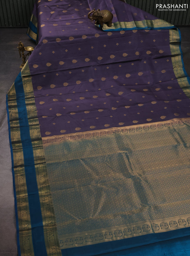 Pure kanchipuram silk saree greyish blue and cs blue with zari woven buttas and rettapet zari woven border