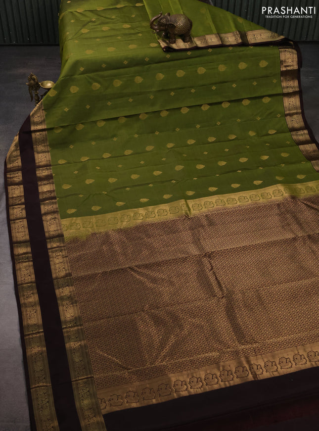 Pure kanchipuram silk saree mehendi green and deep coffee brown with zari woven buttas and rettapet zari woven border