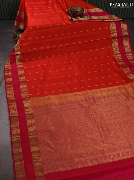 Pure kanchipuram silk saree orange and pink with zari woven buttas and rettapet zari woven border