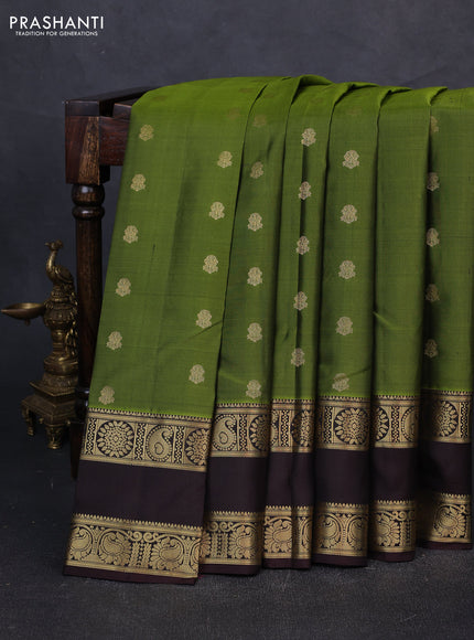 Pure kanchipuram silk saree mehendi green and coffee brown with zari woven buttas and rettapet zari woven border