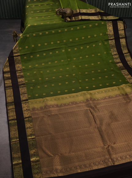 Pure kanchipuram silk saree mehendi green and coffee brown with zari woven buttas and rettapet zari woven border