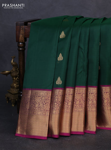 Pure kanchipuram silk saree dark green and magenta pink with zari woven buttas and long zari woven border