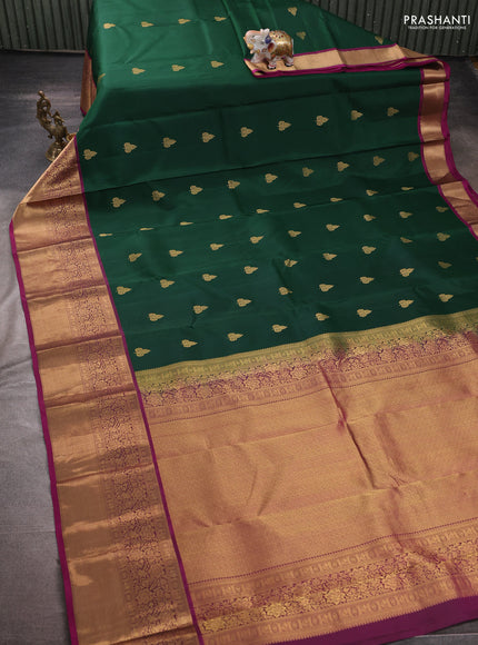 Pure kanchipuram silk saree dark green and magenta pink with zari woven buttas and long zari woven border
