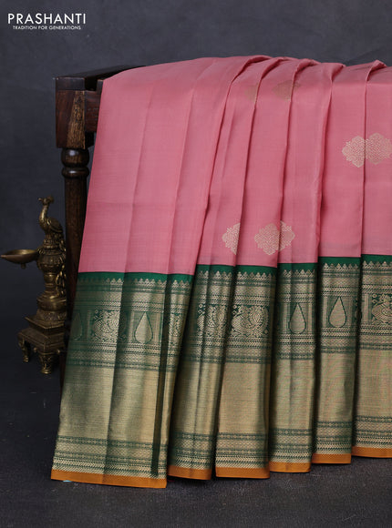 Pure kanchipuram silk saree pastel pink and green with zari woven buttas and long zari woven korvai border