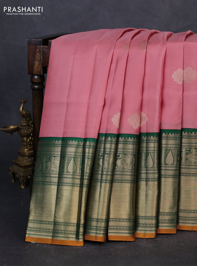 Pure kanchipuram silk saree pastel pink and green with zari woven buttas and long zari woven korvai border