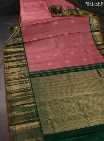 Pure kanchipuram silk saree pastel pink and green with zari woven buttas and long zari woven korvai border