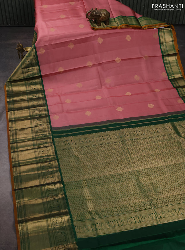 Pure kanchipuram silk saree pastel pink and green with zari woven buttas and long zari woven korvai border