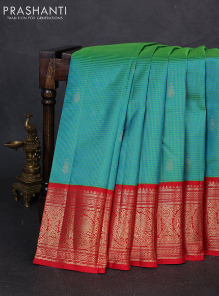 Pure kanchipuram silk saree teal bluish green and red with allover zari strips & buttas and rich zari woven korvai border