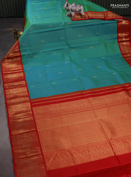 Pure kanchipuram silk saree teal bluish green and red with allover zari strips & buttas and rich zari woven korvai border