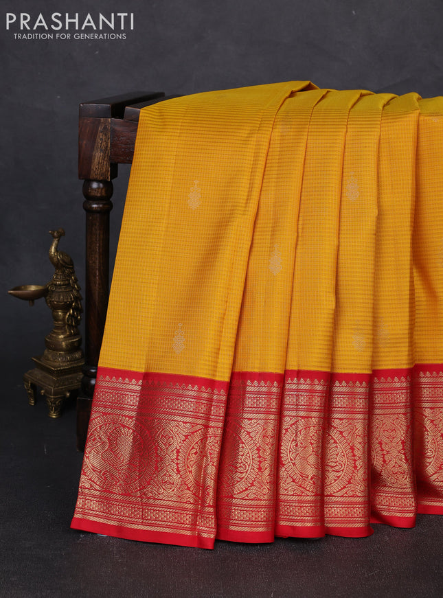 Pure kanchipuram silk saree mustard yellow and red with allover zari strips & buttas and rich zari woven korvai border