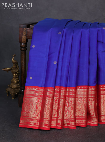 Pure kanchipuram silk saree blue and red with zari woven buttas and long rich zari woven korvai border
