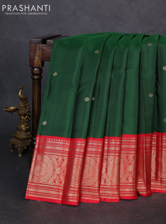 Pure kanchipuram silk saree green and red with zari woven buttas and long rich zari woven korvai border