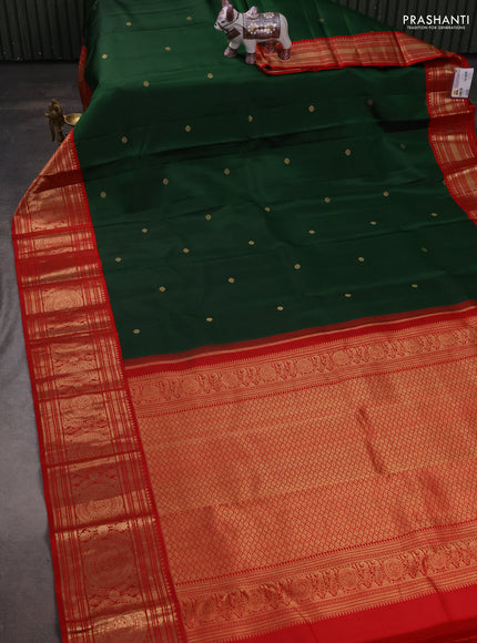 Pure kanchipuram silk saree green and red with zari woven buttas and long rich zari woven korvai border